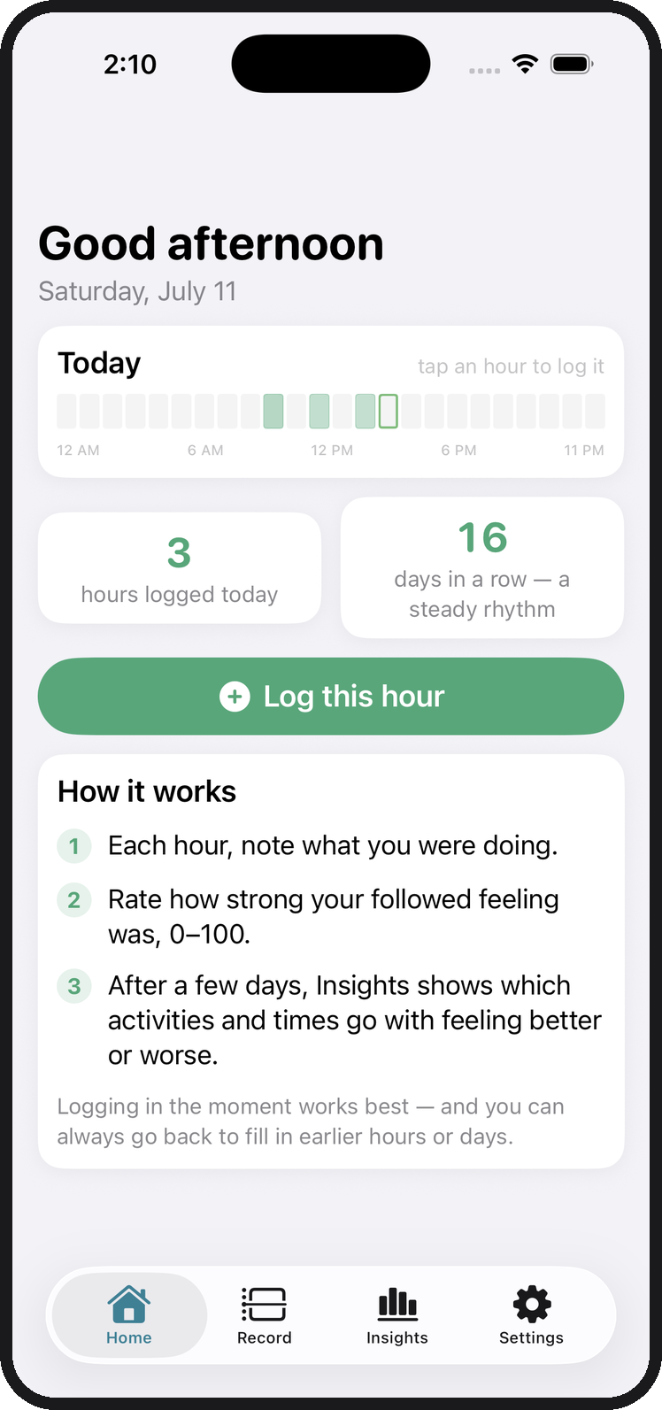 The app home screen showing today's logged hours and a mini timeline